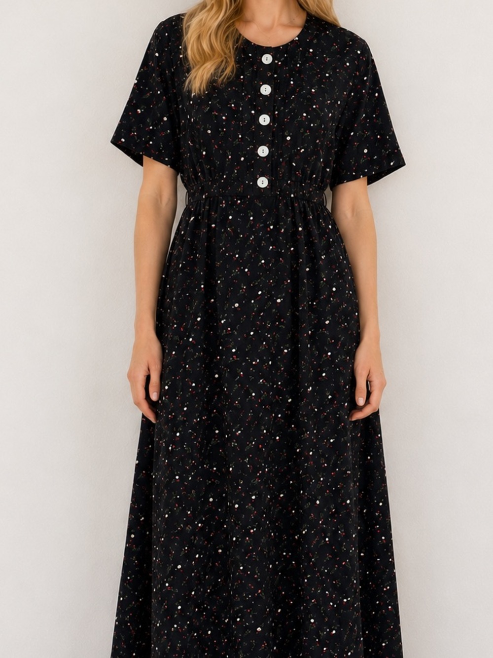 Liz Baker Vintage 90s Black Floral Waist Tie Maxi Dress 14